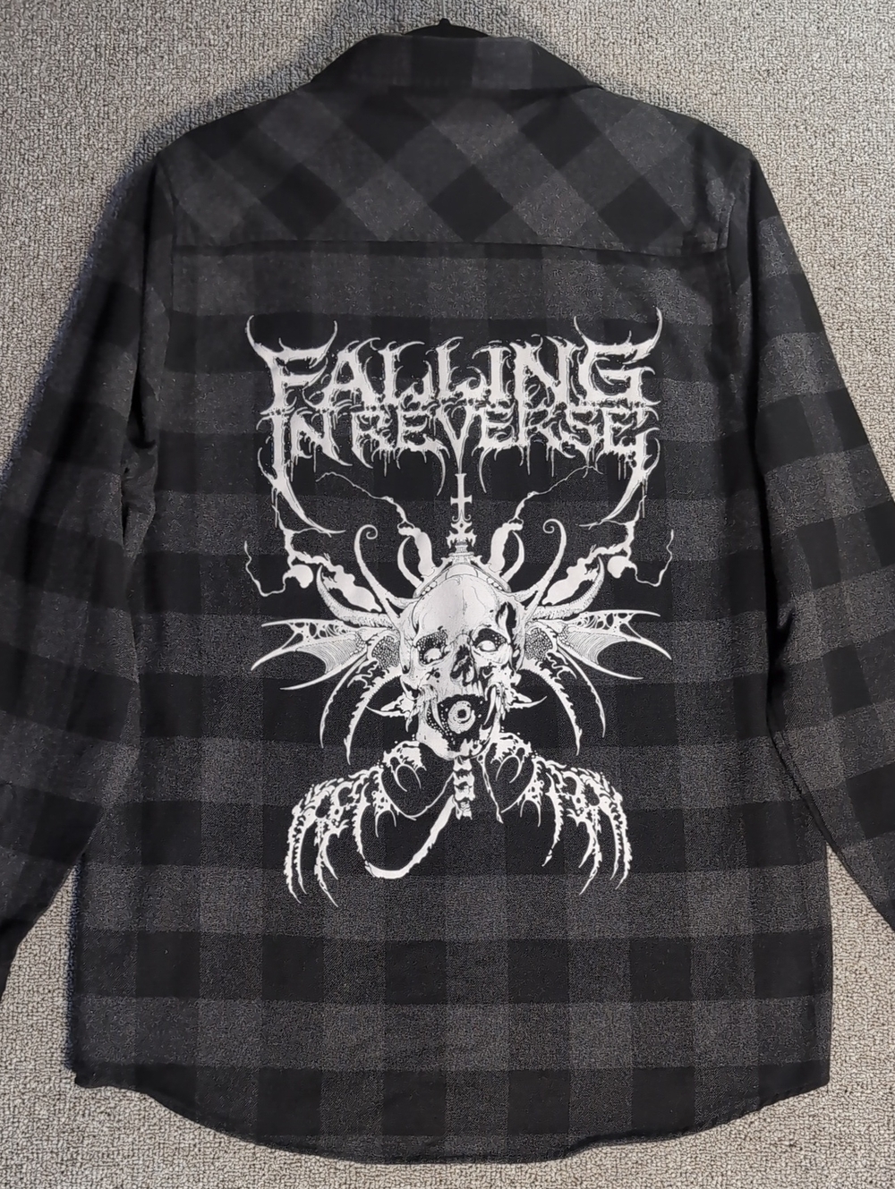 Falling In Reverse Flannel Shirt Mens XL Black Grey Plaid Skull Back Print Merch